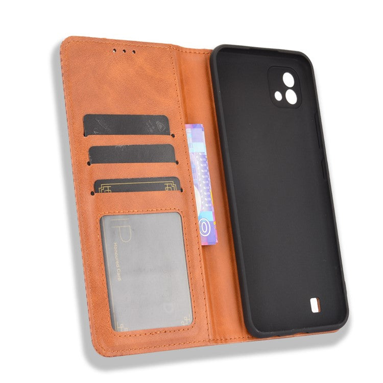Magnetic Auto-absorbed Wallet Stand Vintage Mobile Phone Case Leather Cover for Realme C11 2021/C20/C20A - Brown
