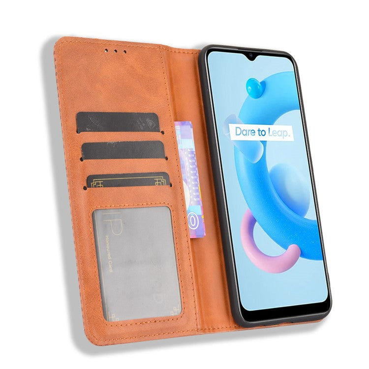 Magnetic Auto-absorbed Wallet Stand Vintage Mobile Phone Case Leather Cover for Realme C11 2021/C20/C20A - Brown