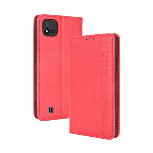 Magnetic Auto-absorbed Wallet Stand Vintage Mobile Phone Case Leather Cover for Realme C11 2021/C20/C20A - Red