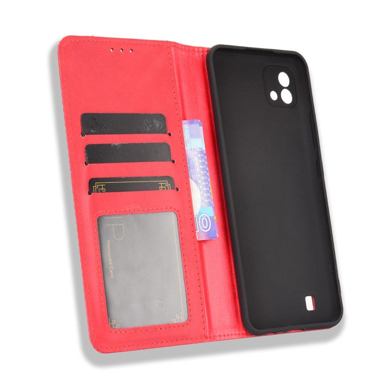 Magnetic Auto-absorbed Wallet Stand Vintage Mobile Phone Case Leather Cover for Realme C11 2021/C20/C20A - Red