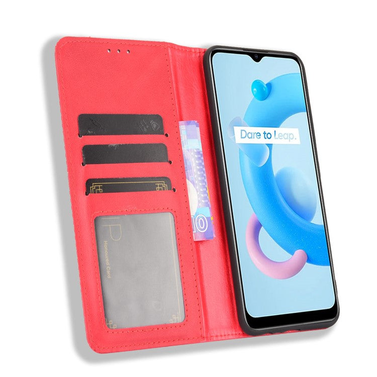 Magnetic Auto-absorbed Wallet Stand Vintage Mobile Phone Case Leather Cover for Realme C11 2021/C20/C20A - Red