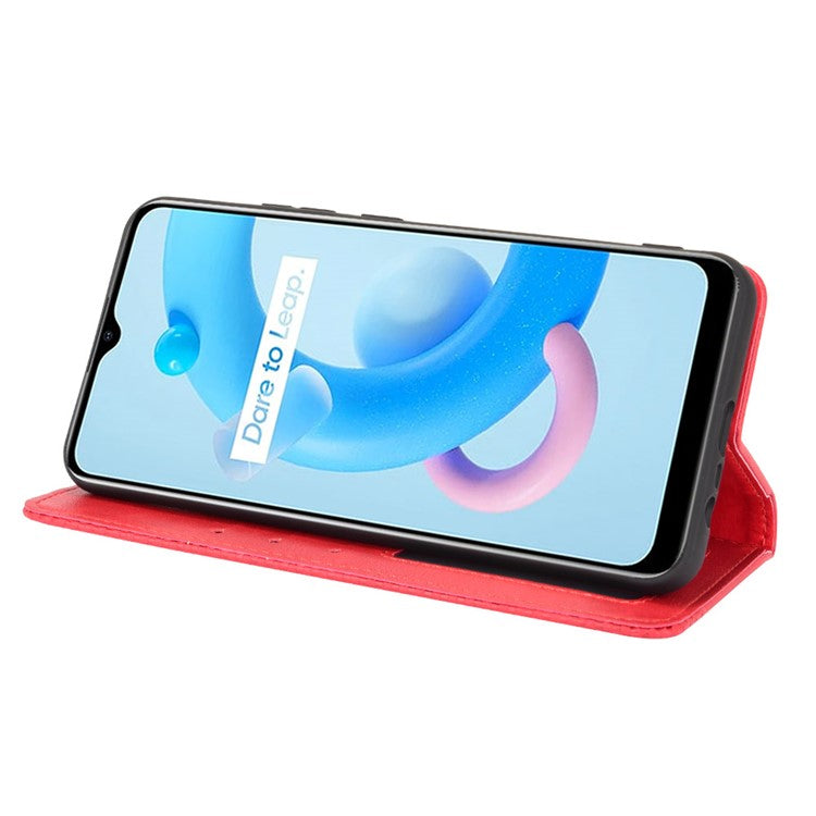 Magnetic Auto-absorbed Wallet Stand Vintage Mobile Phone Case Leather Cover for Realme C11 2021/C20/C20A - Red