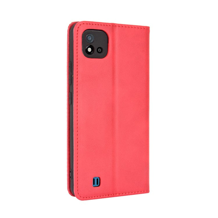 Magnetic Auto-absorbed Wallet Stand Vintage Mobile Phone Case Leather Cover for Realme C11 2021/C20/C20A - Red