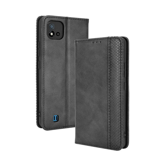 Magnetic Auto-absorbed Wallet Stand Vintage Mobile Phone Case Leather Cover for Realme C11 2021 / C20 / C20A - Black