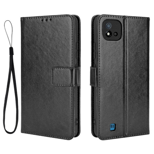 Crazy Horse Texture PU Leather Wallet Stand Phone Case Cover for Realme C11 2021/C20/C20A - Black