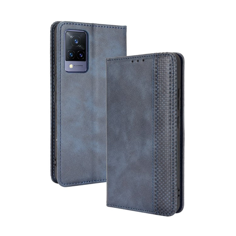 Vintage Style Magnetic Auto-absorbed Full-Protection Wallet Stand Leather Phone Shell Case for vivo V21 4G/5G - Blue