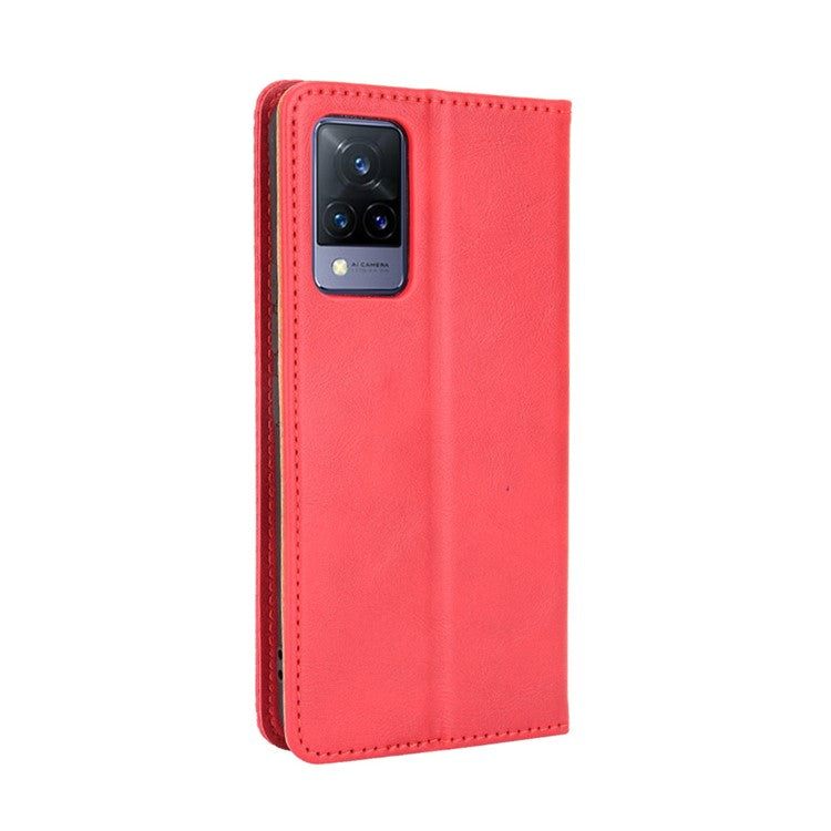 Vintage Style Magnetic Auto-absorbed Full-Protection Wallet Stand Leather Phone Shell Case for vivo V21 4G/5G - Red