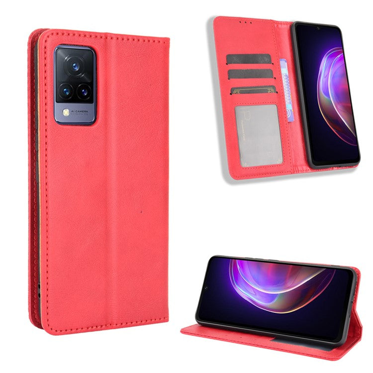 Vintage Style Magnetic Auto-absorbed Full-Protection Wallet Stand Leather Phone Shell Case for vivo V21 4G/5G - Red