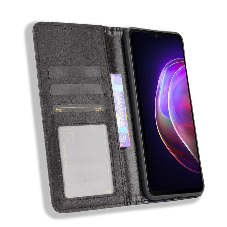 Vintage Style Magnetic Auto-absorbed Full-Protection Wallet Stand Leather Phone Shell Case for vivo V21 4G/5G - Black
