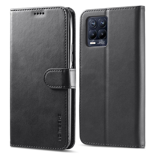 LC.IMEEKE Wallet Design Leather Phone Protector Stand Shell for Realme 8/8 Pro 4G - Black
