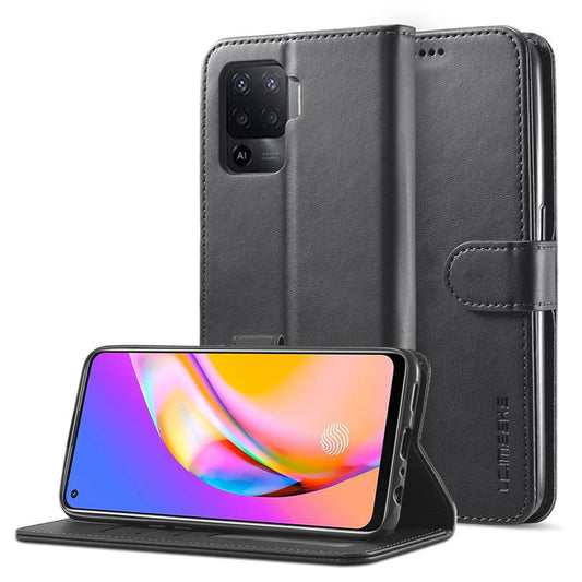 LC.IMEEKE Full Protection Wallet Design Leather Phone Protector Stand Shell for Oppo F19 Pro/A94/Reno5 F - Black