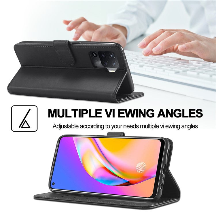 LC.IMEEKE Full Protection Wallet Design Leather Phone Protector Stand Shell for Oppo F19 Pro/A94/Reno5 F - Black