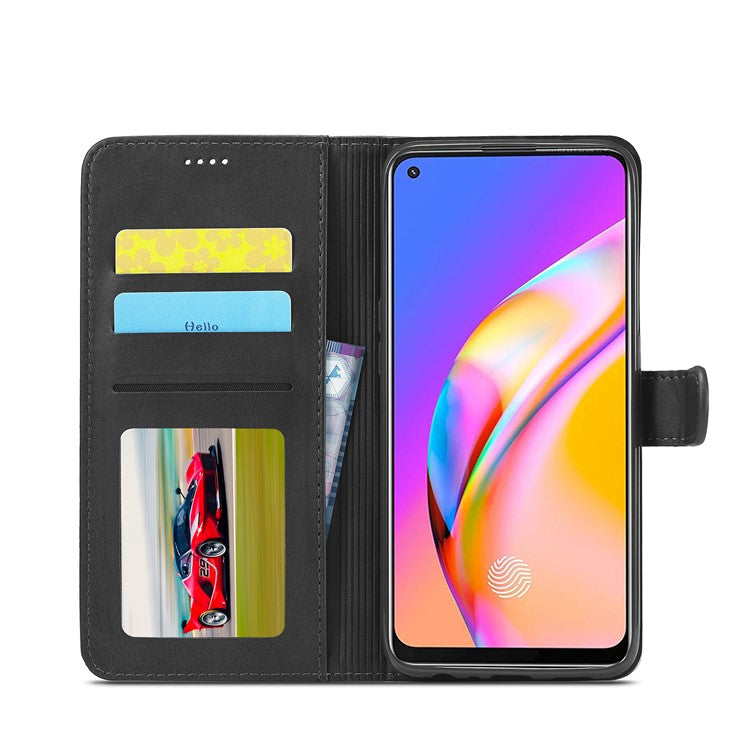 LC.IMEEKE Full Protection Wallet Design Leather Phone Protector Stand Shell for Oppo F19 Pro/A94/Reno5 F - Black