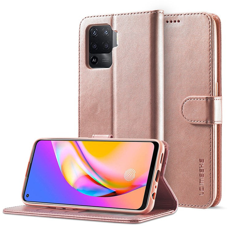LC.IMEEKE Full Protection Wallet Design Leather Phone Protector Stand Shell for Oppo F19 Pro/A94/Reno5 F - Rose Gold