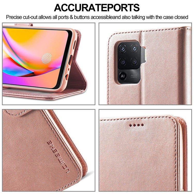LC.IMEEKE Full Protection Wallet Design Leather Phone Protector Stand Shell for Oppo F19 Pro/A94/Reno5 F - Rose Gold