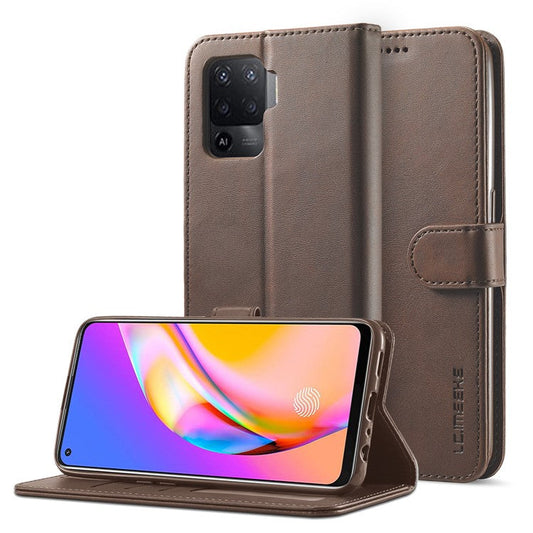 LC.IMEEKE Full Protection Wallet Design Leather Phone Protector Stand Shell for Oppo F19 Pro/A94/Reno5 F - Brown
