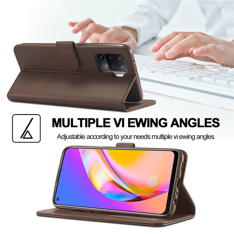 LC.IMEEKE Full Protection Wallet Design Leather Phone Protector Stand Shell for Oppo F19 Pro/A94/Reno5 F - Brown