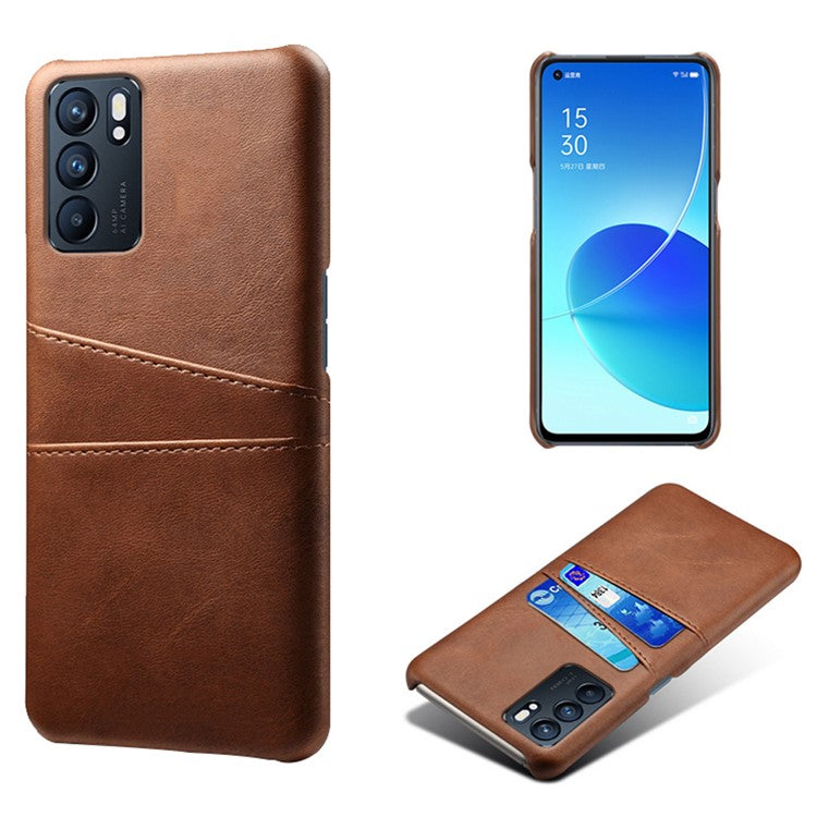 KSQ Double Card Slots PU Leather Coated PC Shell Cover Case for Oppo Reno6 5G - Brown