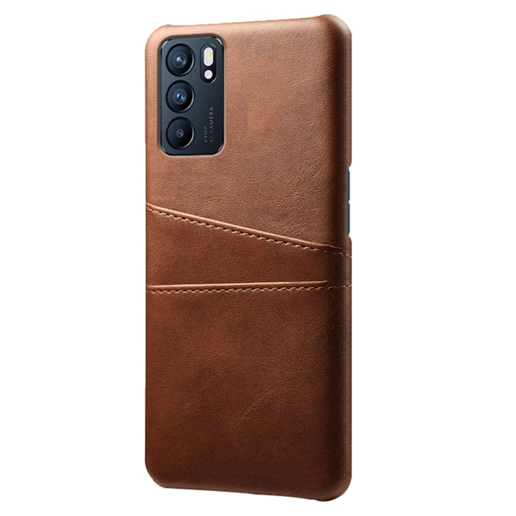 KSQ Double Card Slots PU Leather Coated PC Shell Cover Case for Oppo Reno6 5G - Brown