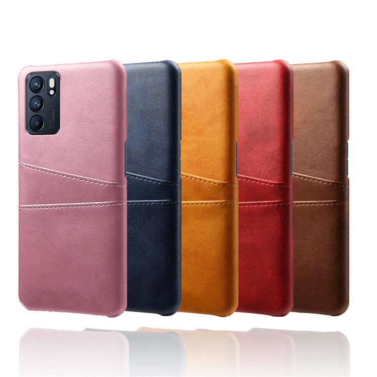 KSQ Double Card Slots PU Leather Coated PC Shell Cover Case for Oppo Reno6 5G - Brown