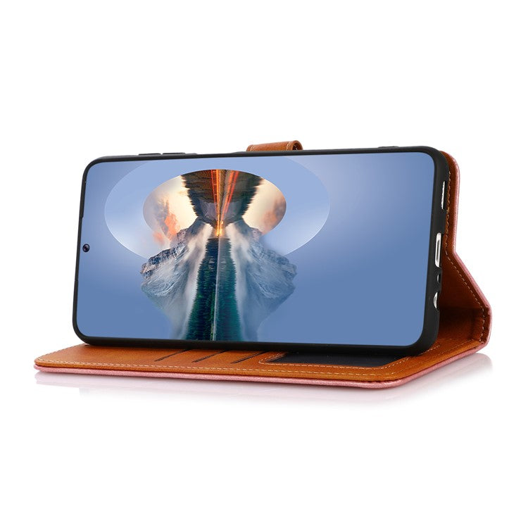 KHAZNEH Golden Magnetic Clasp Dual Color PU Leather Wallet Stand  Phone Case for Oppo A54 5G / A74 5G / A93 5G - Rose Gold