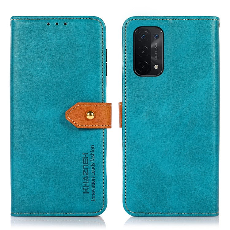 KHAZNEH Golden Magnetic Clasp Dual Color PU Leather Wallet Stand  Phone Case for Oppo A54 5G / A74 5G / A93 5G - Blue