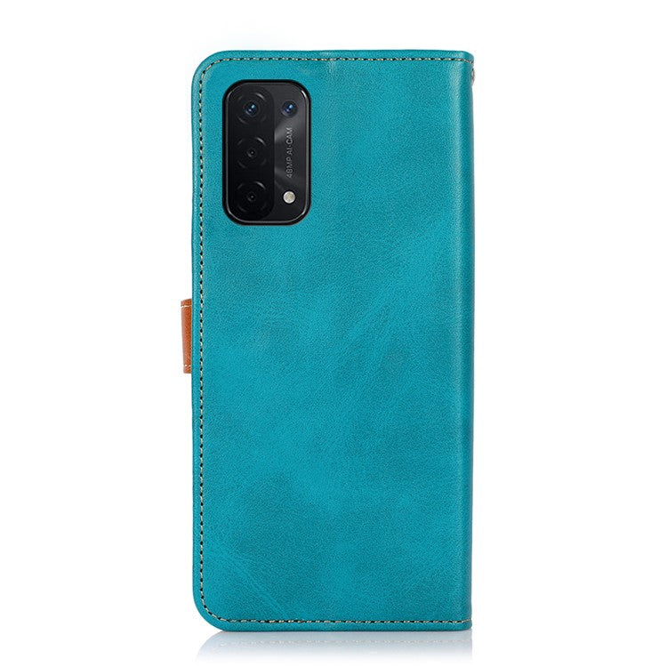 KHAZNEH Golden Magnetic Clasp Dual Color PU Leather Wallet Stand  Phone Case for Oppo A54 5G / A74 5G / A93 5G - Blue