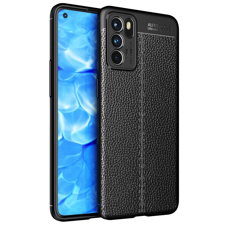 Litchi Texture Full Coverage Leather Flexible TPU Protective Back Cover Case for Oppo Reno6 5G - Black