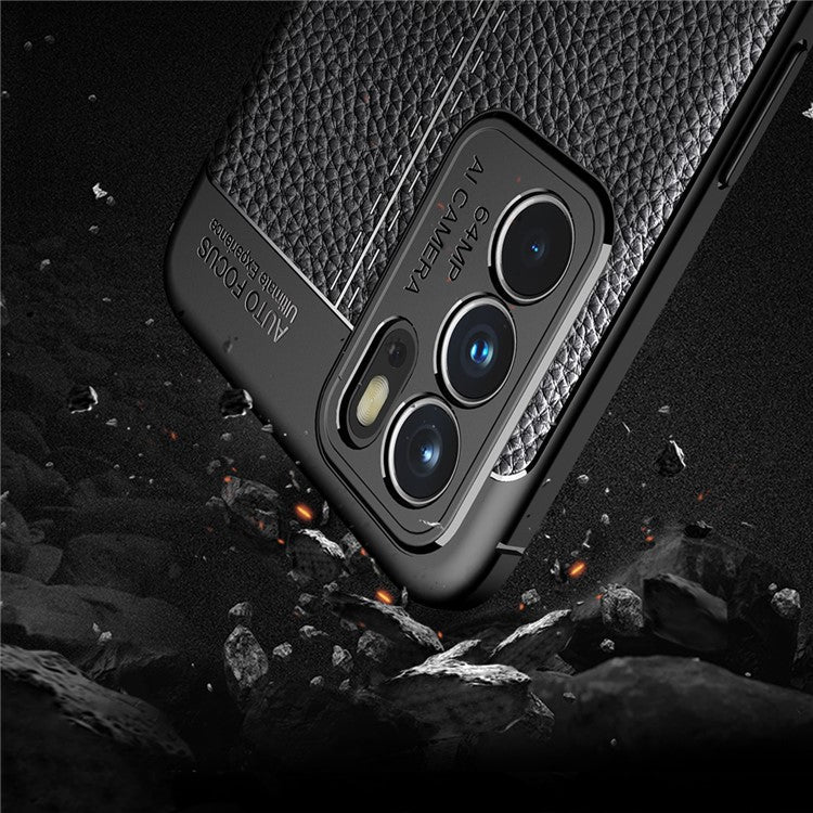 Litchi Texture Full Coverage Leather Flexible TPU Protective Back Cover Case for Oppo Reno6 5G - Black
