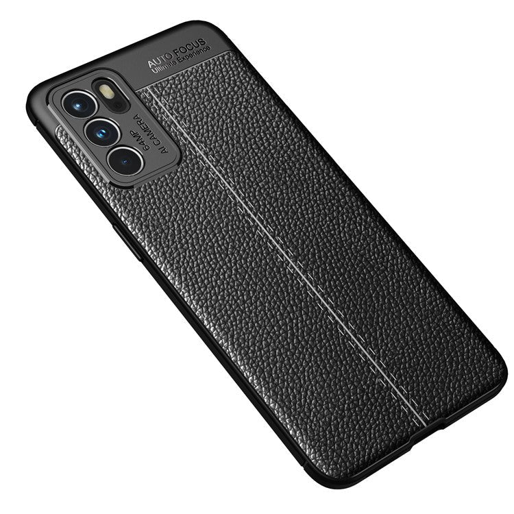 Litchi Texture Full Coverage Leather Flexible TPU Protective Back Cover Case for Oppo Reno6 5G - Black