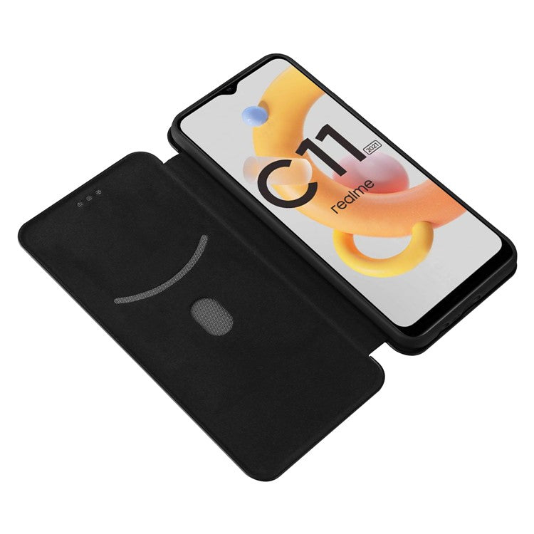 Carbon Fiber Texture Card Slot Auto-absorbed Leather Phone Shell Cover for Realme C11 2021 / C20 - Black