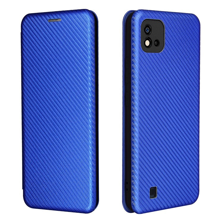 Carbon Fiber Texture Card Slot Auto-absorbed Leather Phone Shell Cover for Realme C11 2021 / C20 - Blue