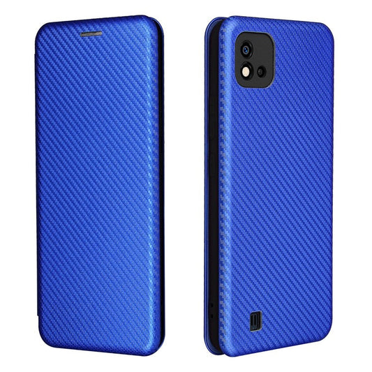 Carbon Fiber Texture Card Slot Auto-absorbed Leather Phone Shell Cover for Realme C11 2021 / C20 - Blue