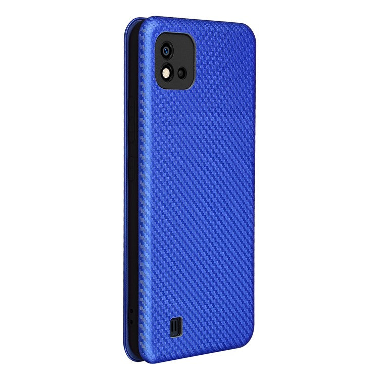 Carbon Fiber Texture Card Slot Auto-absorbed Leather Phone Shell Cover for Realme C11 2021 / C20 - Blue