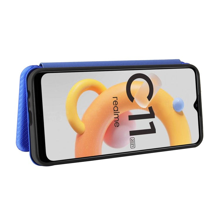 Carbon Fiber Texture Card Slot Auto-absorbed Leather Phone Shell Cover for Realme C11 2021 / C20 - Blue