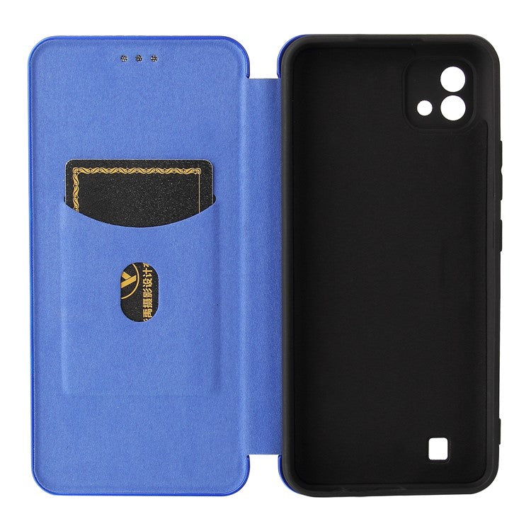 Carbon Fiber Texture Card Slot Auto-absorbed Leather Phone Shell Cover for Realme C11 2021 / C20 - Blue