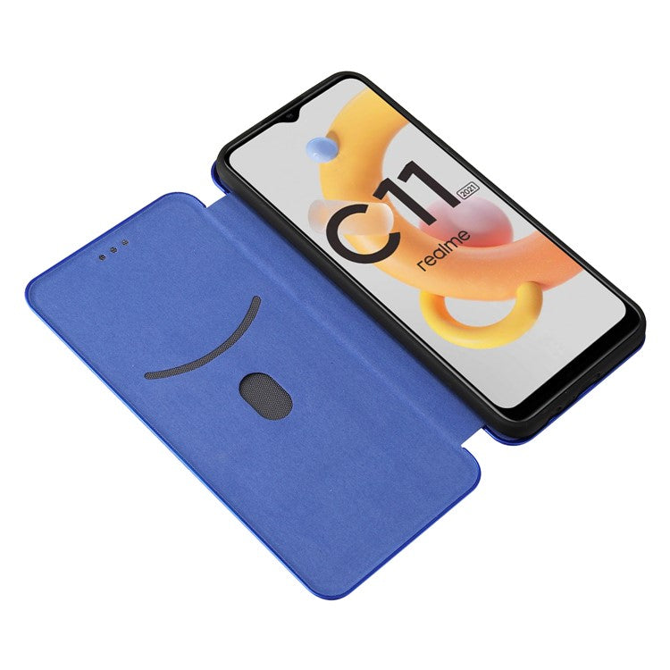Carbon Fiber Texture Card Slot Auto-absorbed Leather Phone Shell Cover for Realme C11 2021 / C20 - Blue
