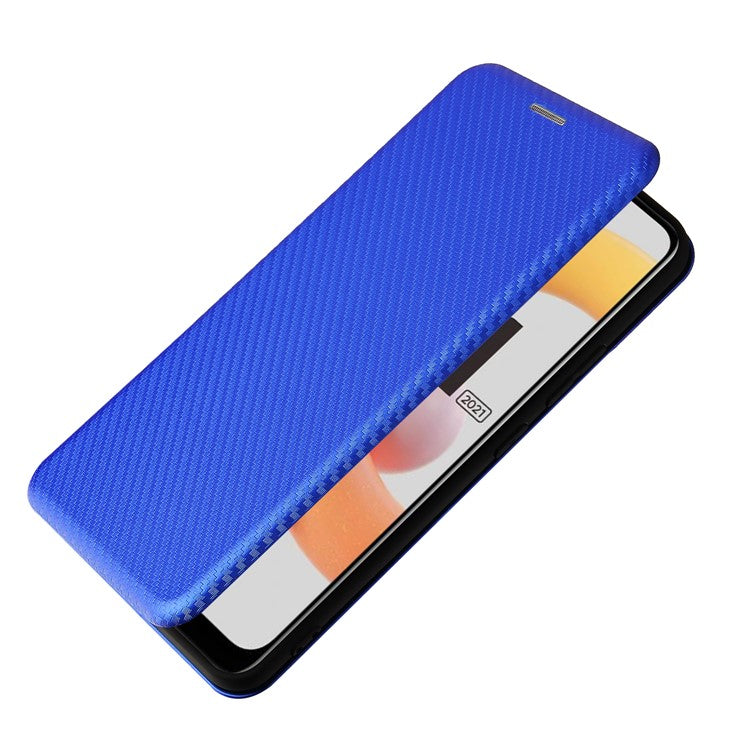 Carbon Fiber Texture Card Slot Auto-absorbed Leather Phone Shell Cover for Realme C11 2021 / C20 - Blue