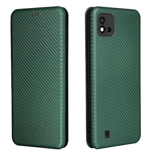 Carbon Fiber Texture Card Slot Auto-absorbed Leather Phone Shell Cover for Realme C11 2021 / C20 - Green