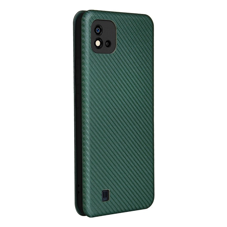 Carbon Fiber Texture Card Slot Auto-absorbed Leather Phone Shell Cover for Realme C11 2021 / C20 - Green