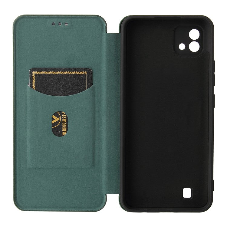 Carbon Fiber Texture Card Slot Auto-absorbed Leather Phone Shell Cover for Realme C11 2021 / C20 - Green