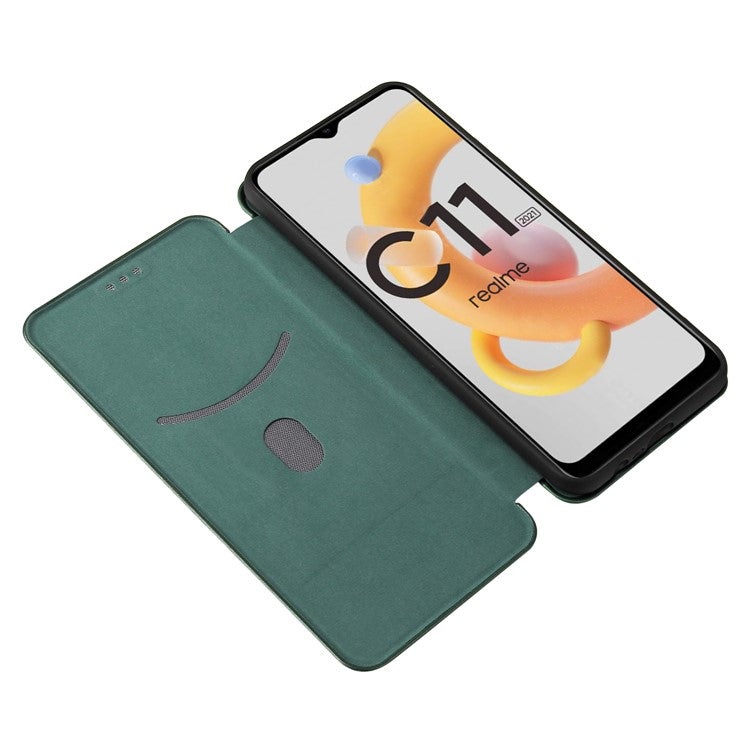 Carbon Fiber Texture Card Slot Auto-absorbed Leather Phone Shell Cover for Realme C11 2021 / C20 - Green