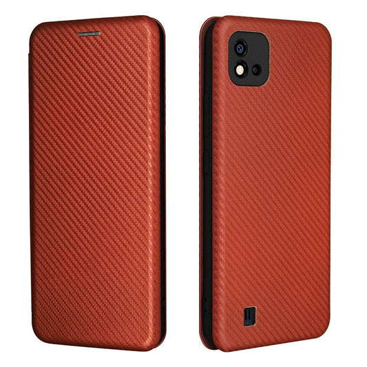 Carbon Fiber Texture Card Slot Auto-absorbed Leather Phone Shell Cover for Realme C11 2021 / C20 - Orange