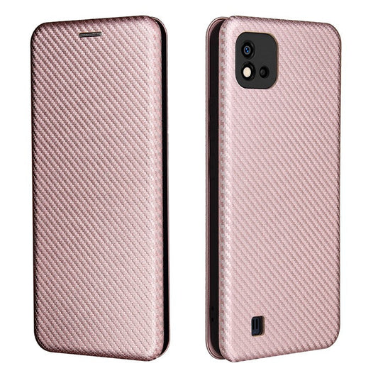 Carbon Fiber Texture Card Slot Auto-absorbed Leather Phone Shell Cover for Realme C11 2021 / C20 - Gold