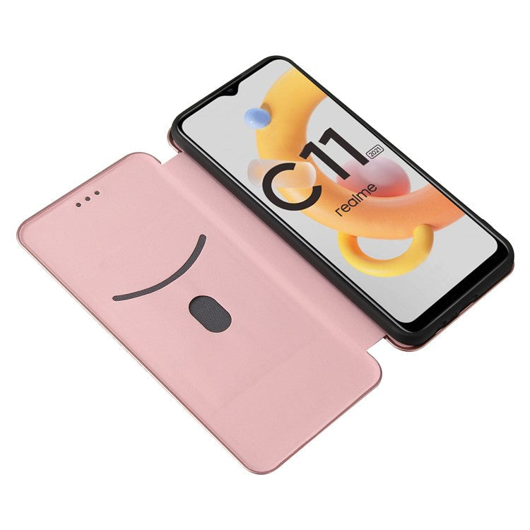 Carbon Fiber Texture Card Slot Auto-absorbed Leather Phone Shell Cover for Realme C11 2021 / C20 - Gold