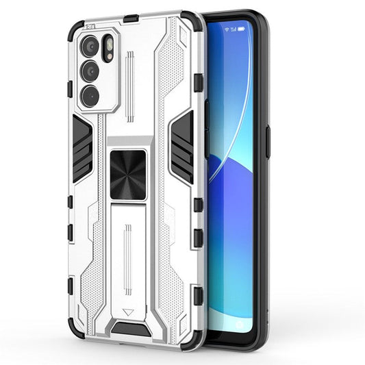 Sturdy Kickstand Hybrid Hard PC + Soft TPU Shockproof Full Body Protective Case for Oppo Reno6 5G - Silver