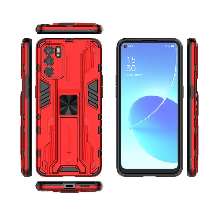 Sturdy Kickstand Hybrid Hard PC + Soft TPU Shockproof Full Body Protective Case for Oppo Reno6 5G - Red