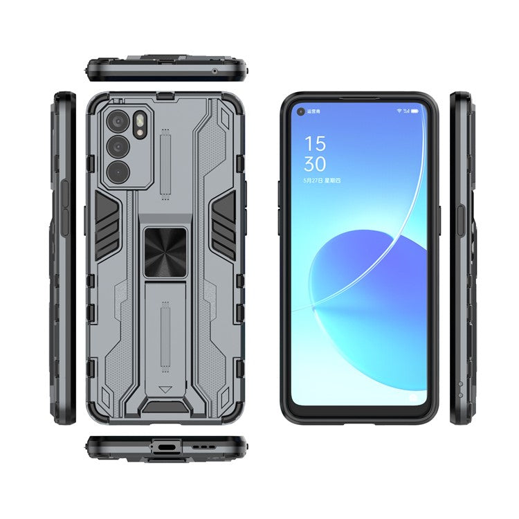 Sturdy Kickstand Hybrid Hard PC + Soft TPU Shockproof Full Body Protective Case for Oppo Reno6 5G - Grey