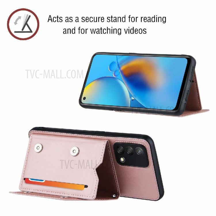 Kickstand Card Holder Glossy Leather TPU Hybrid Phone Case with Shoulder Strap for Oppo A74 4G/F19 - Rose Gold