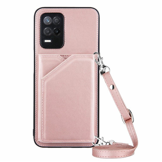 Card Holder Design Leather Kickstand Phone Case Cover with Shoulder Strap for Realme 8 5G/V13 5G/Narzo 30 5G - Rose Gold